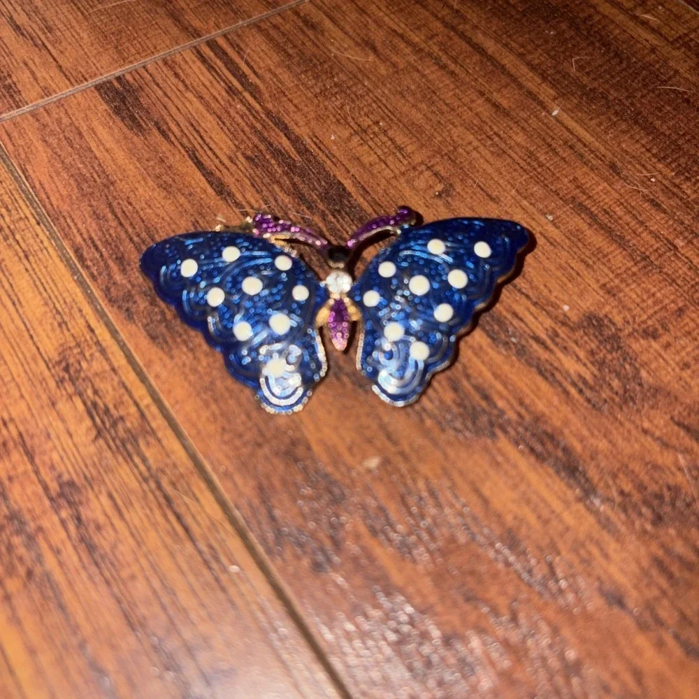 Gold Tone Metal Enamel Rhinestone Bejeweled Butterfly Blue White 2.5